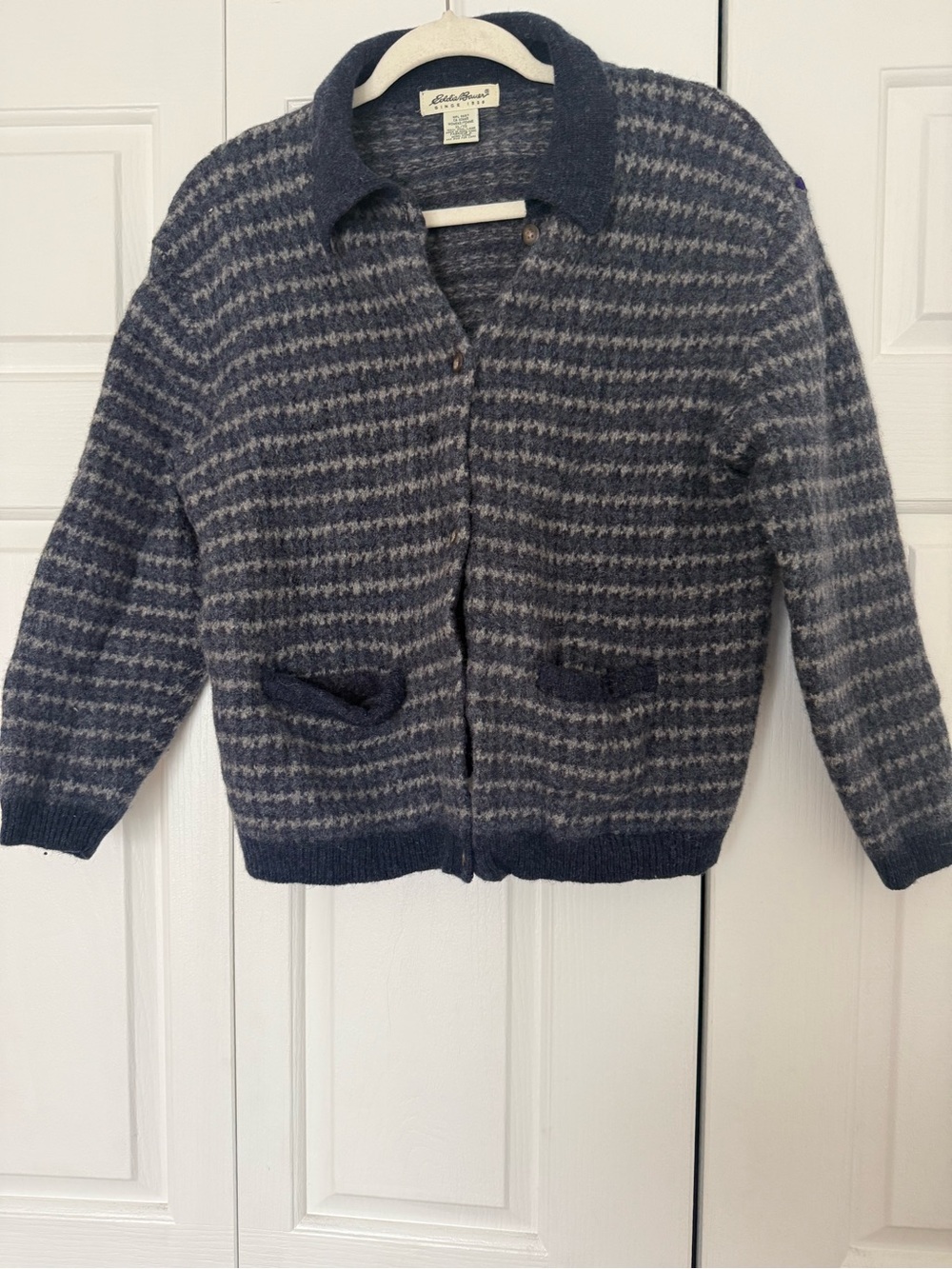 Eddie Bauer Navy Gray Houndstooth Wool Blend Cardigan